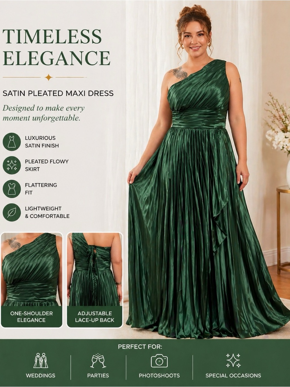 One-Shoulder Satin Pleated Maxi Dress in Emerald Green